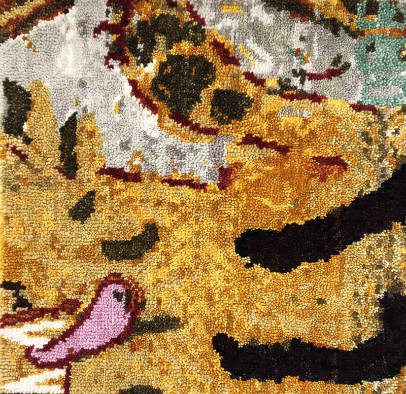 Detail of rug sample by Rose Wylie for Tomorrow's Tigers 2018. Image courtesy Christopher Farr.