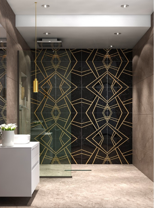 Empire Nero Marble & Brass Tile; courtesy Tile Bar