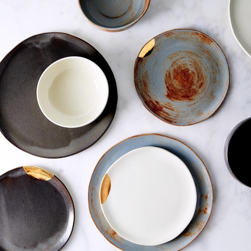 Handmade Gold-Dipped Dinnerware by FisheyeBrooklyn; photography by Ty Mecham, Jenny Huang