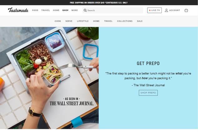 Tastemade's current homepage features product given the seal of approval by the WSJ; courtesy of Tastemade