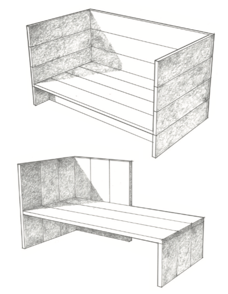 Single Daybed 32 and Wintergarten Bench 16, drawn by Claude Armstrong