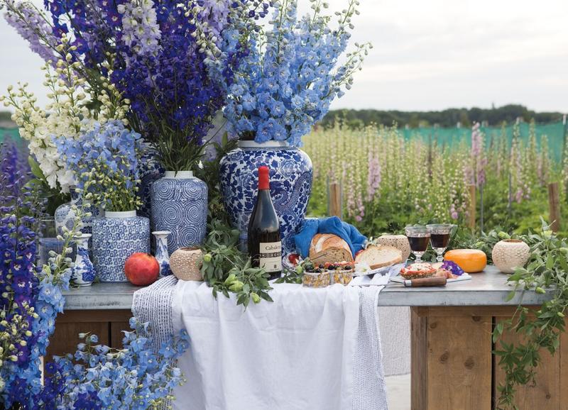 One of the duo's tablescapes, composed of "Princess Caroline" delphiniums at Delphiniumkwekerij farm