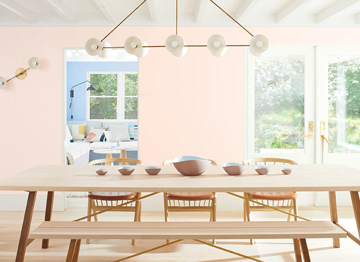 A vignette featuring Benjamin Moore's Color of the Year 2020, "First Light."