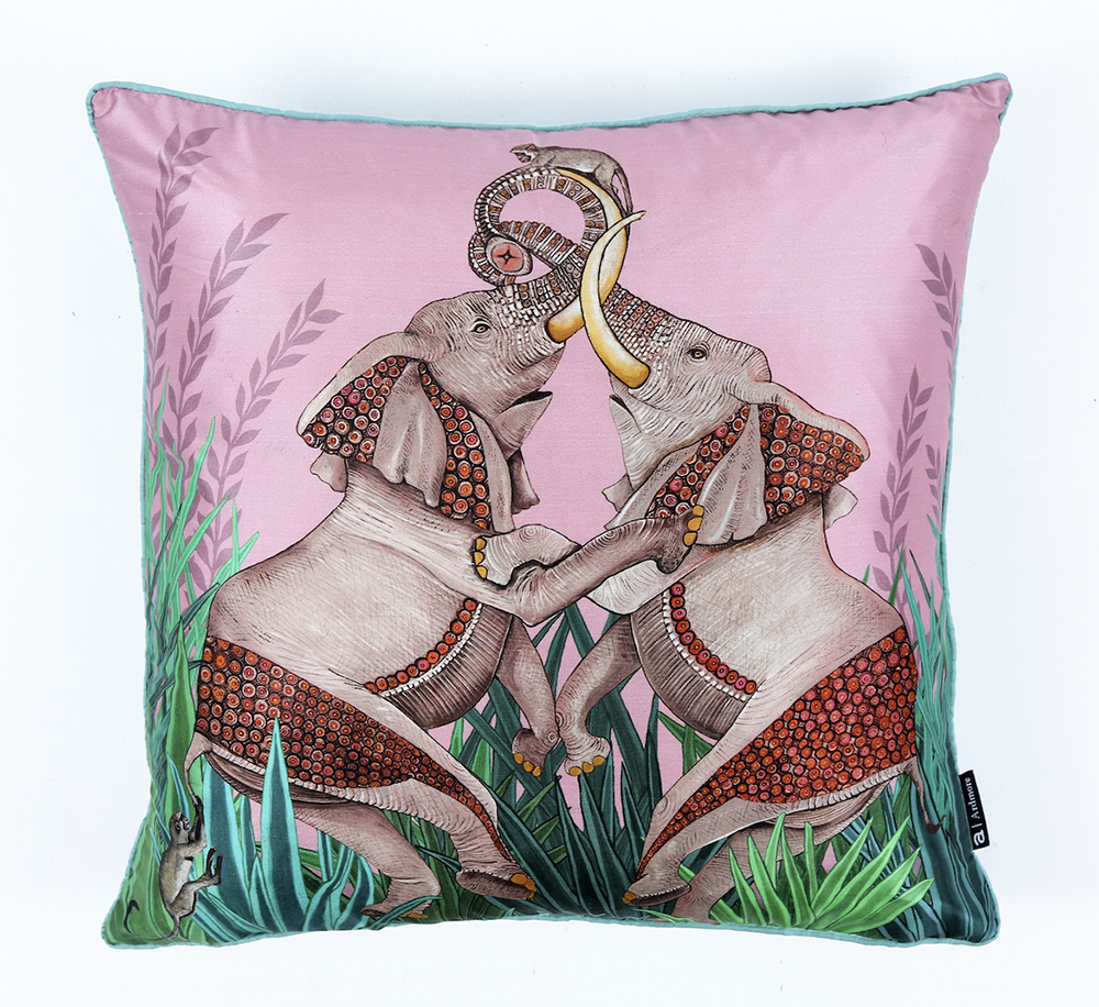 The Dancing Elephants pillow in Magnolia from Ngala Trading Co. 