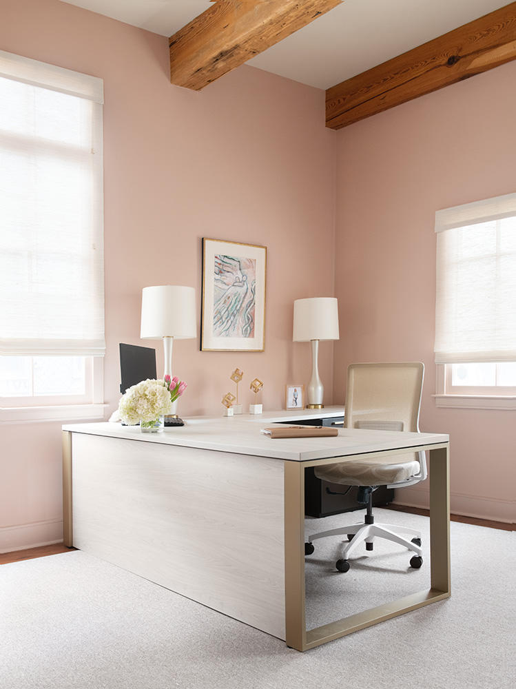 A combination of petal pink and pearl tones can be found throughout the office.