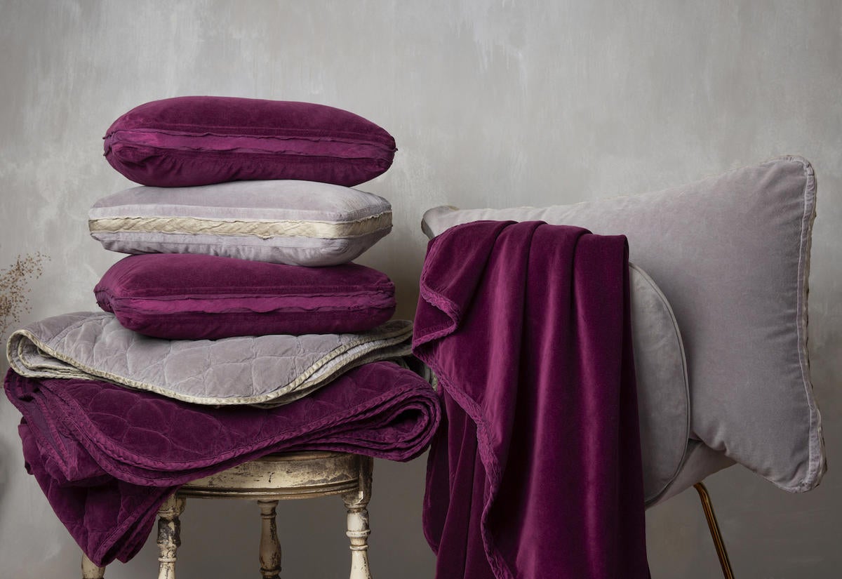 Harlow coverlet, shams, and large throw blanket in Fig and Moonlight from Bella Notte Linens