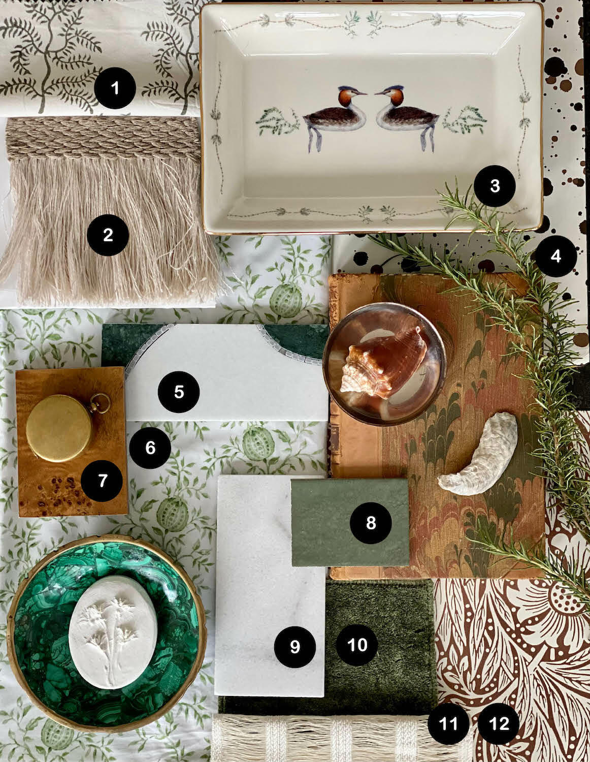 GordonDunning’s elevated assortment of hunter green tiles, braided linen fringes and burl wood finishes