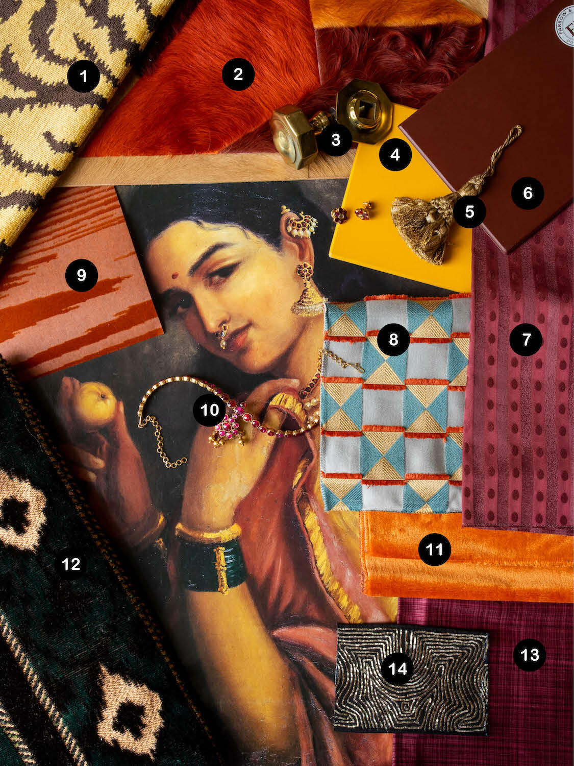 Nomita Joshi-Gupta’s reverent blend of plum taffetas, beaded metallic trims and orange velvets
