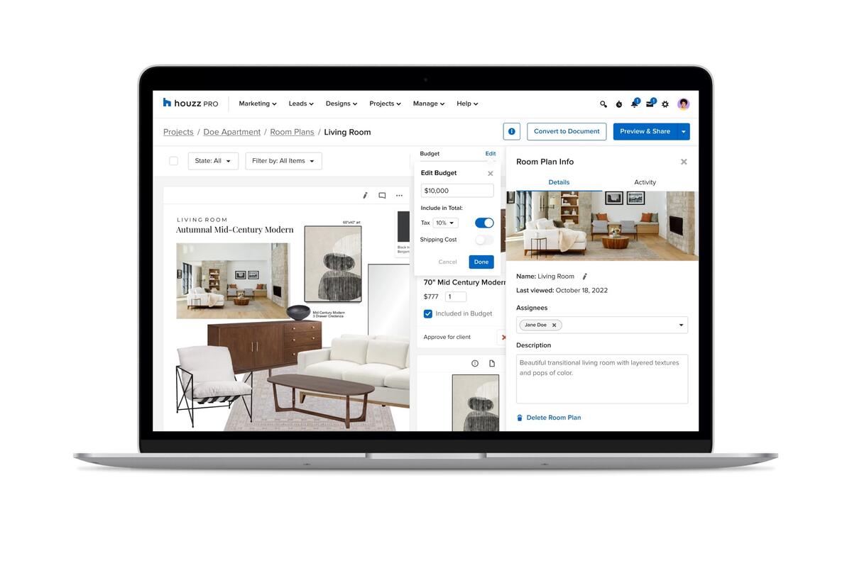 Houzz Pro’s Room Planner puts your furnishings, mood board and budget on the same virtual page