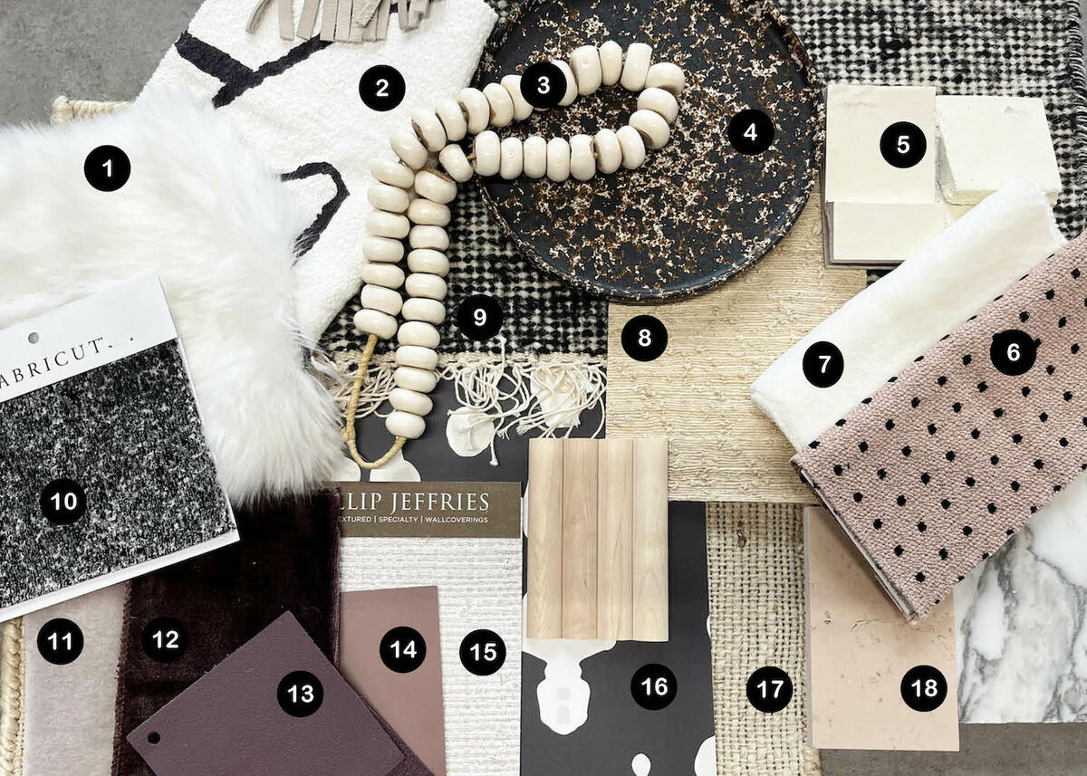 Brooke Lang’s soulful assortment of black-and-white wallpaper, deep plum leather and dusty pink paint