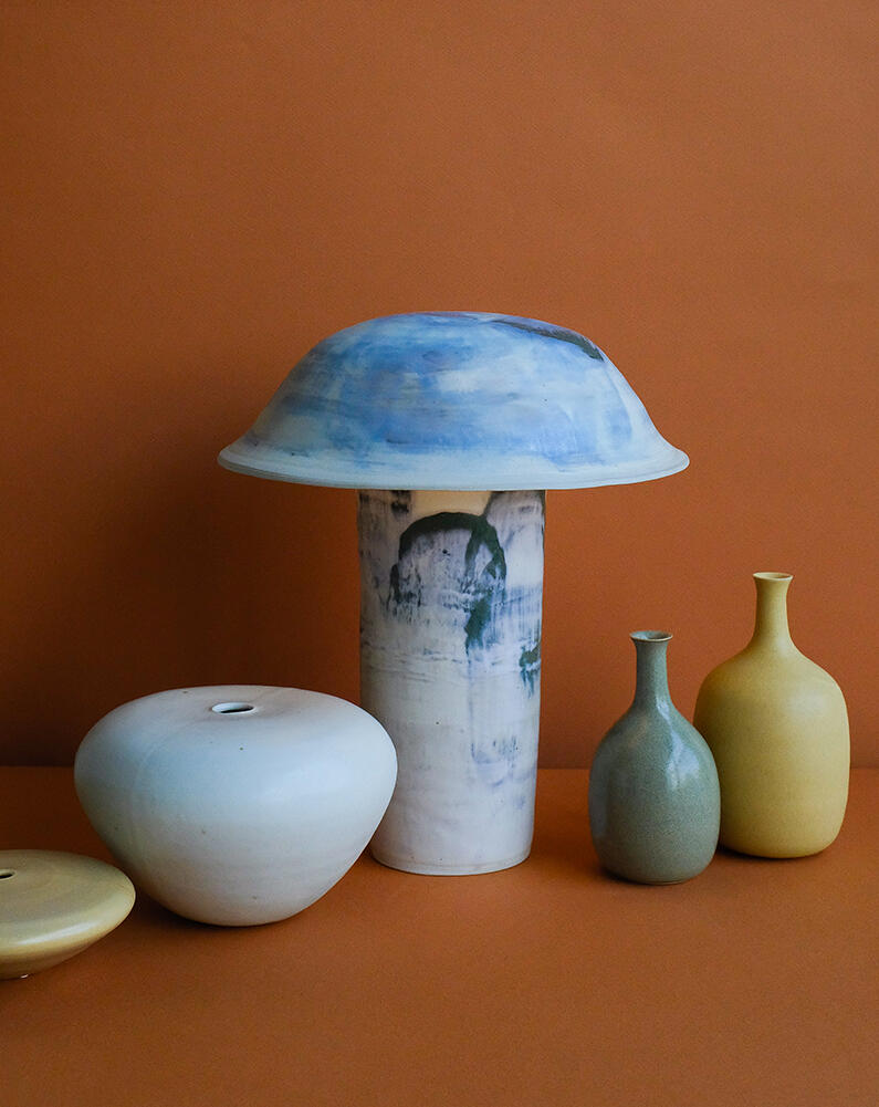 A selection of tabletop vessels and the Nấm Table Lamp A from Vy Voi 