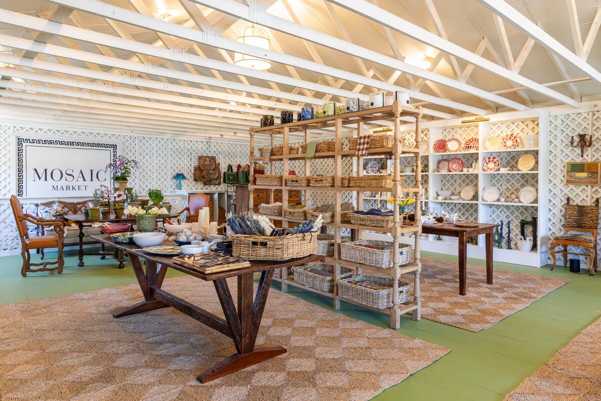 The trellised interior of Mosaic Home + Market, where Martin takes pride in her selection of ceramics