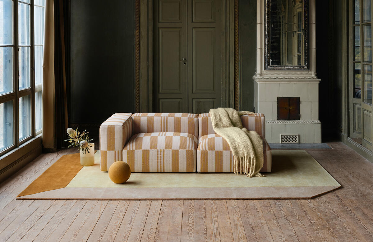 The Box wool rug in Greens and Chunky mohair blanket in Pale Banana from the Teklan x Layered collection 