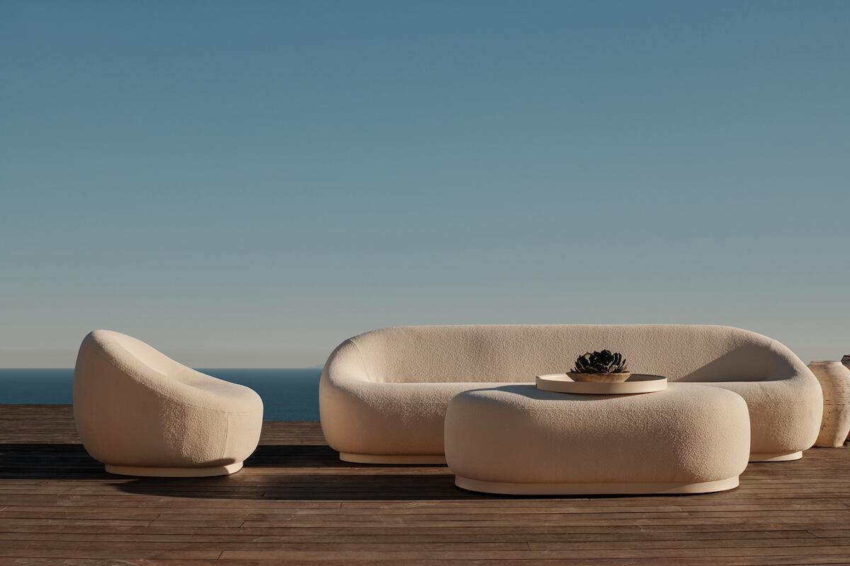 The Gio three-seat sofa, ottoman and lounge chair in Riviera Sand by Harbour