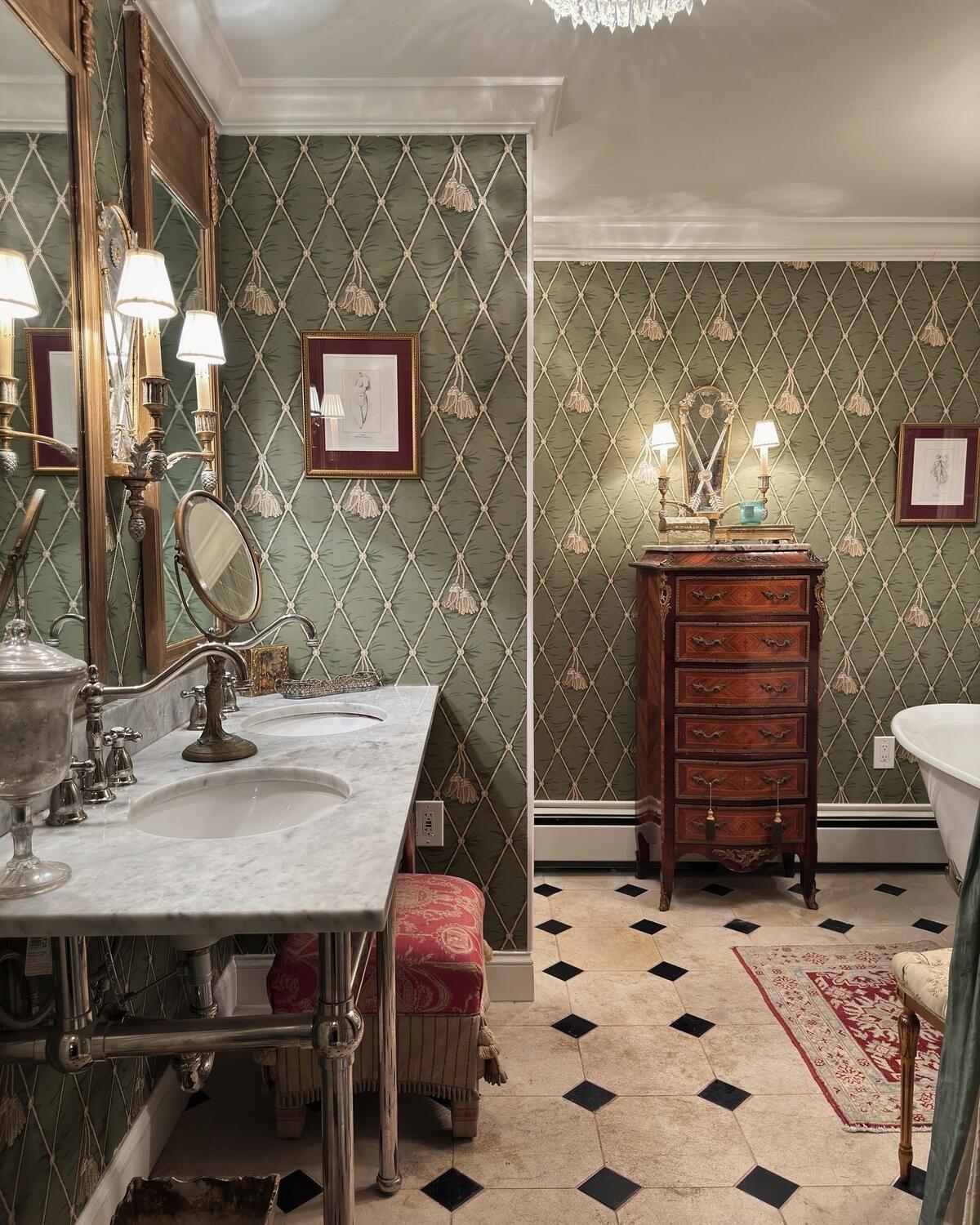 An artfully decorated bathroom with Gilded Age accents