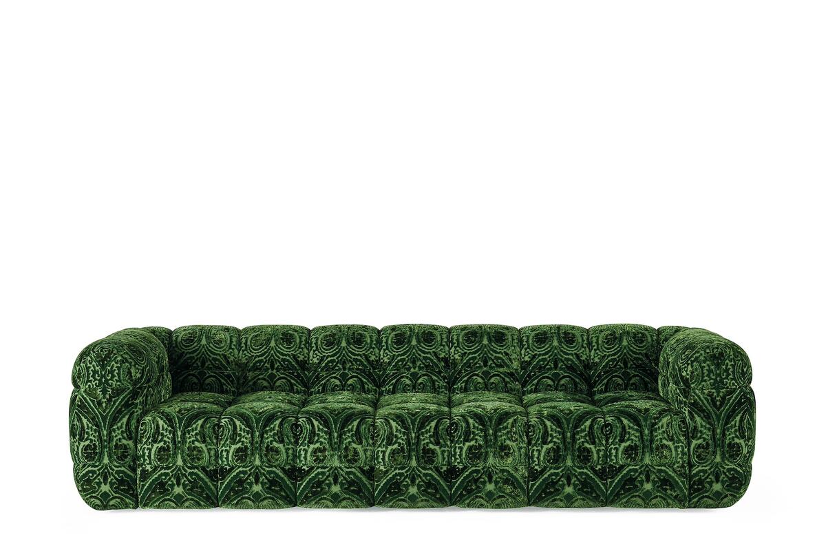 The Quiltana three-seater sofa upholstered in Alyssum in green by Etro Home Interiors