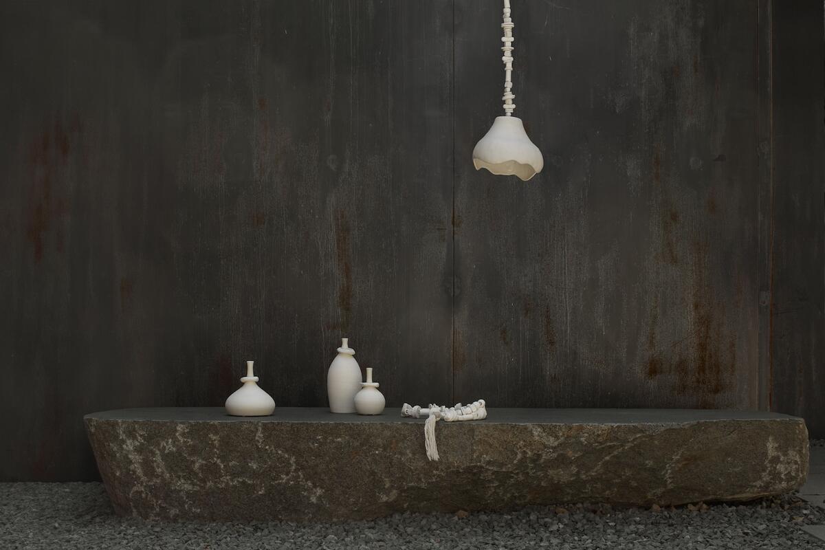 Selections from Dumæ’s Sora collection, including the Yvette pendant and Mona vessels in Raw Blanc 