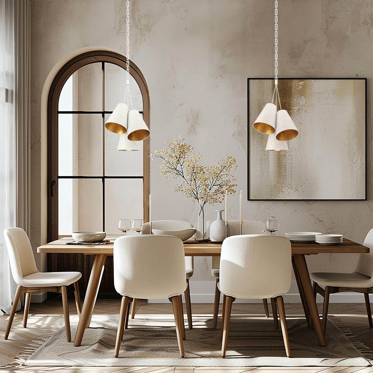 Crystorama’s Alston three-light pendants in Matte White + Antique Gold by Brian Patrick Flynn