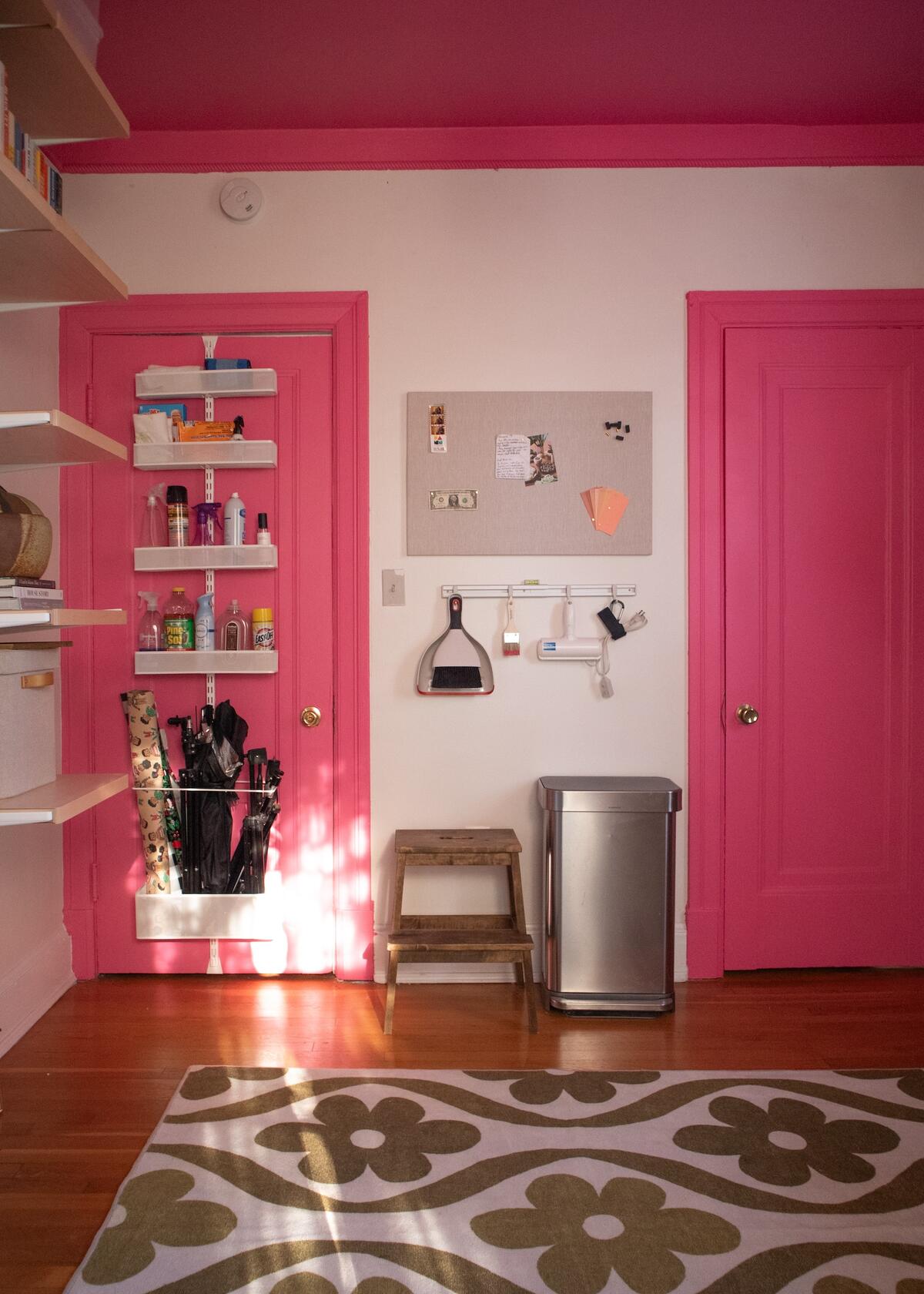 Keal’s office space boasts clever storage solutions and bright pops of pink