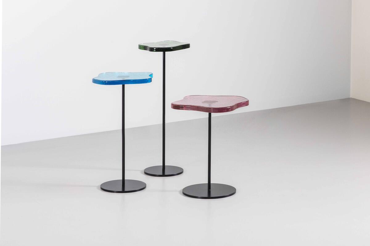 Tom Faulkner’s Lily cocktail tables with Venetian cast-glass tops 