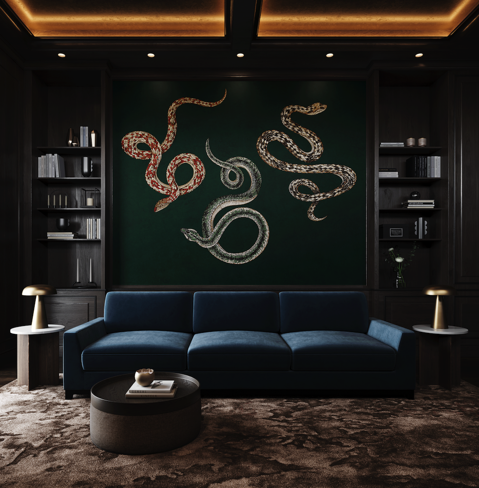 Serpent wallcovering in Mystic Hiss by Phillip Jeffries