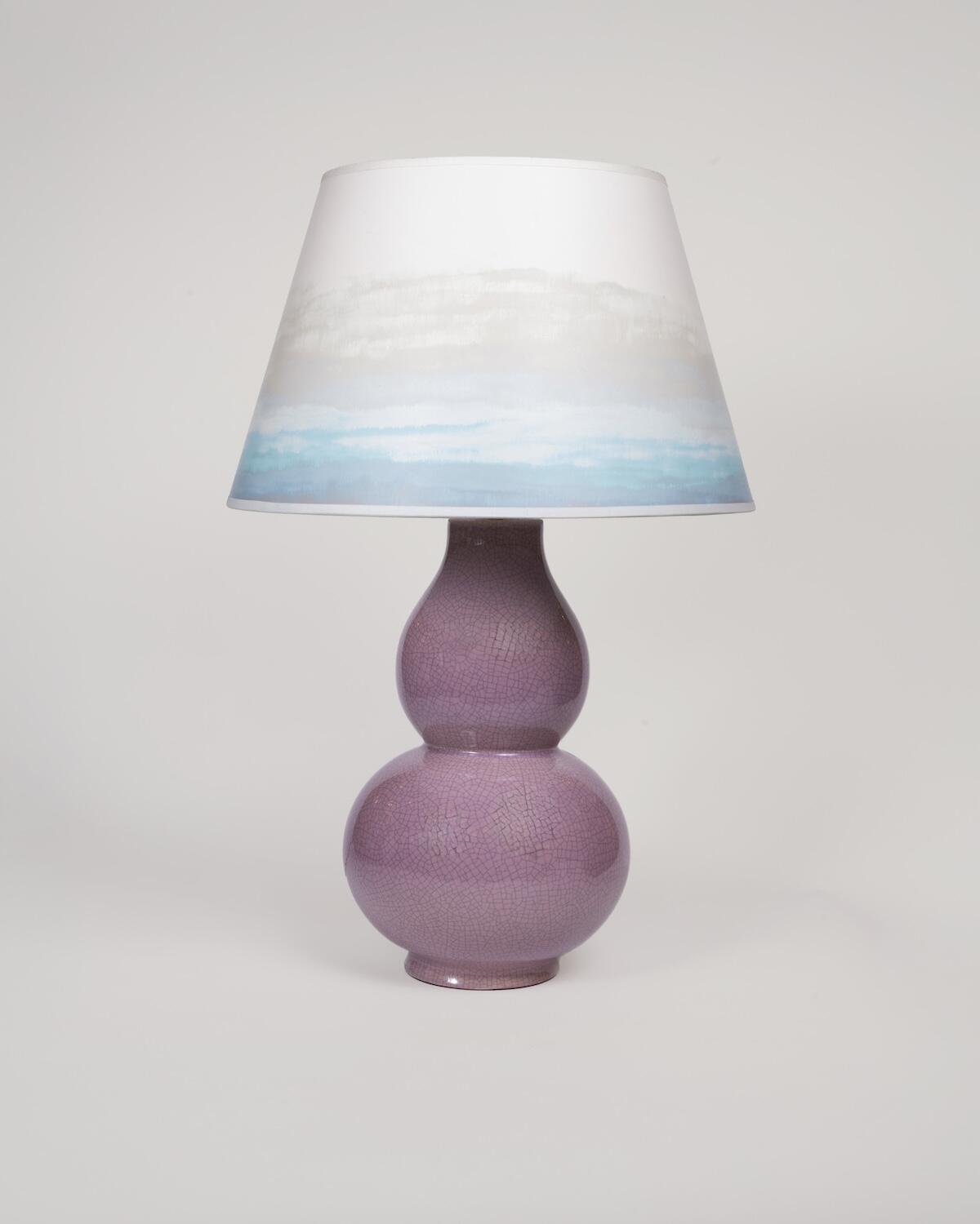 Vaughan’s Avebury table lamp in Dusky Rose with a lampshade in Calico Wallpaper’s Fragments pattern in Celestine