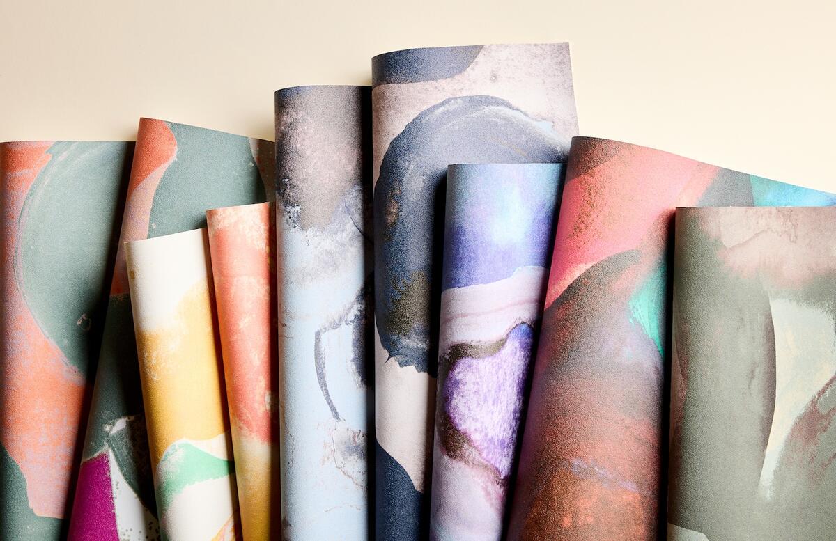 The Fleur wallcovering in its many colorways from the Rebecca Moses x Momentum collection