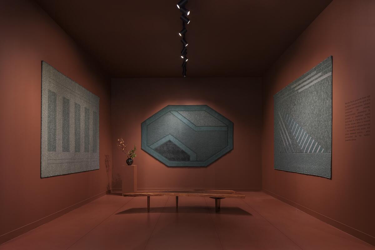 A scene from Merida Studio’s exhibit at Design Miami, featuring the Galuchat, Glaze and Shades rugs by Sylvie Johnson A scene from Merida Studio’s exhibit at Design Miami, featuring the Galuchat, Glaze and Shades rugs by Sylvie Johnson