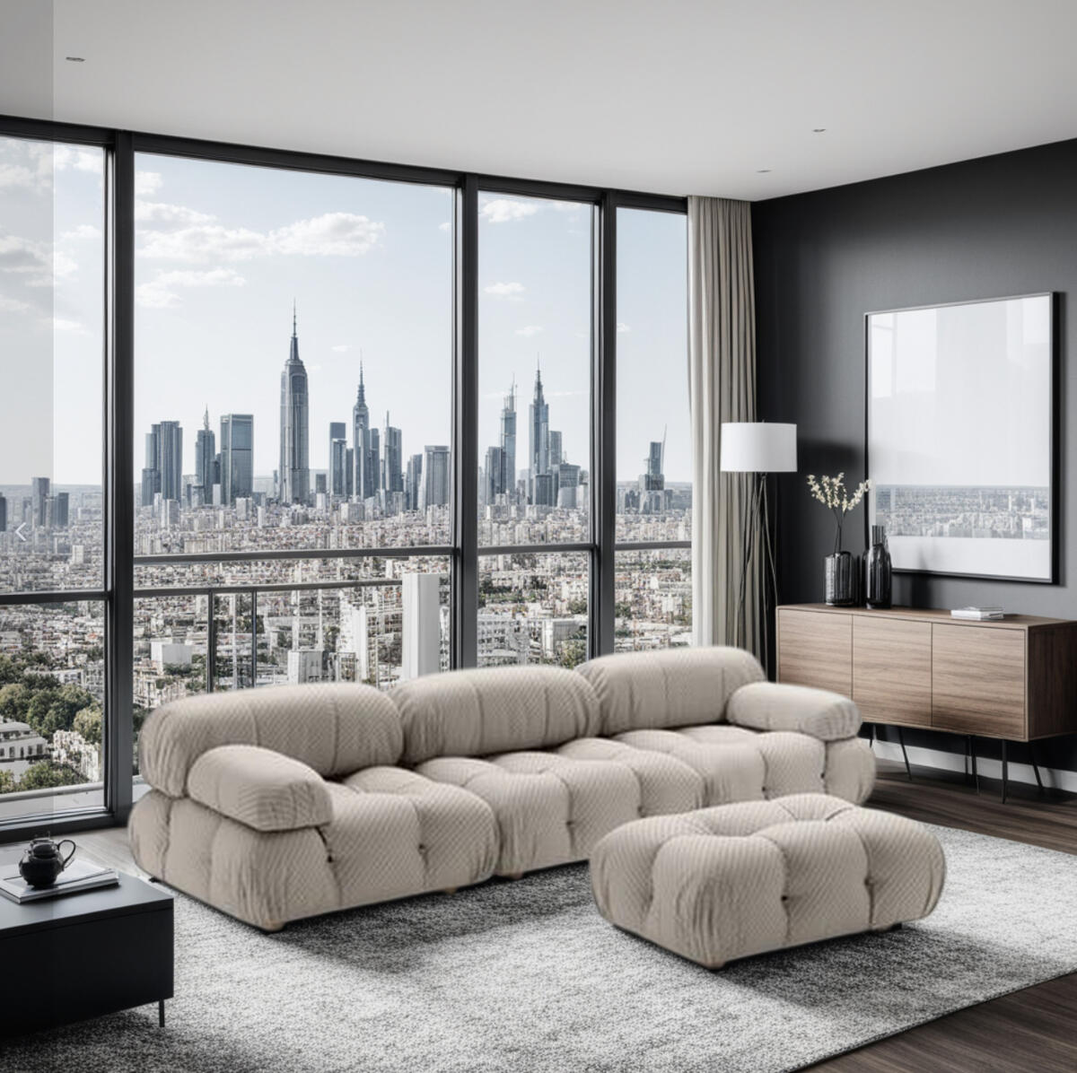 An uploaded image of B&B Italia’s Camaleonda sofa with a prompted “city view” 