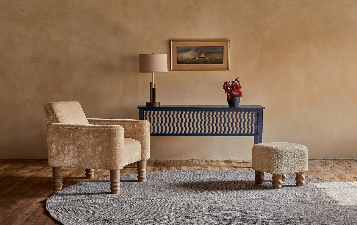 O&G Studio’s Rill console in Azimuth on Ash and Pedra ottoman in Ash with custom Pierre Frey upholstery O&G Studio’s Rill console in Azimuth on Ash and Pedra ottoman in Ash with custom Pierre Frey upholstery