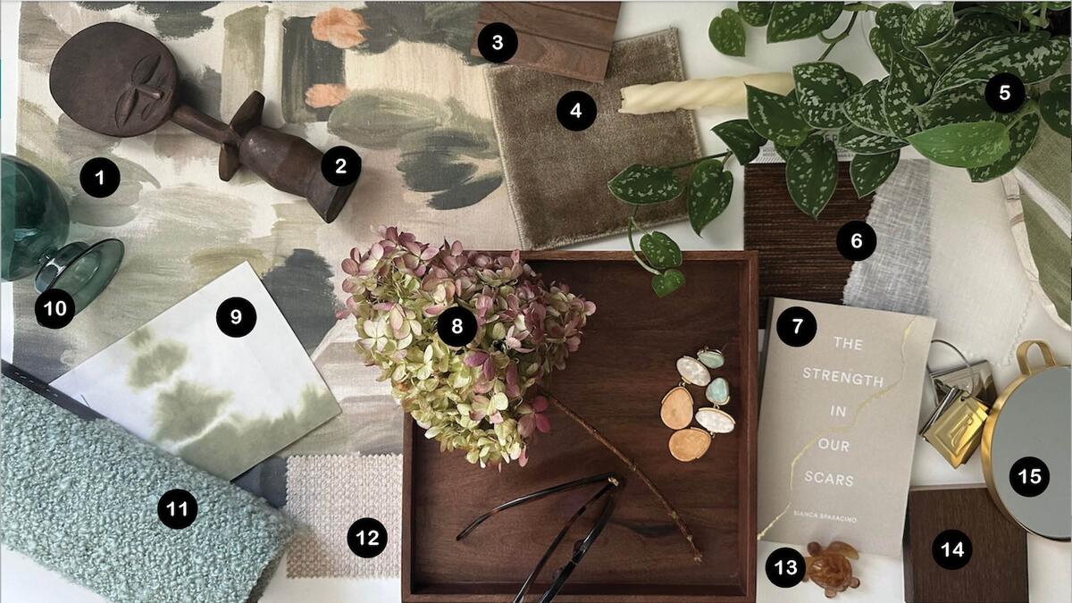 Naïka André’s anticipatory assortment of painterly floral patterns, shibori-style wallpaper and mint green boucle