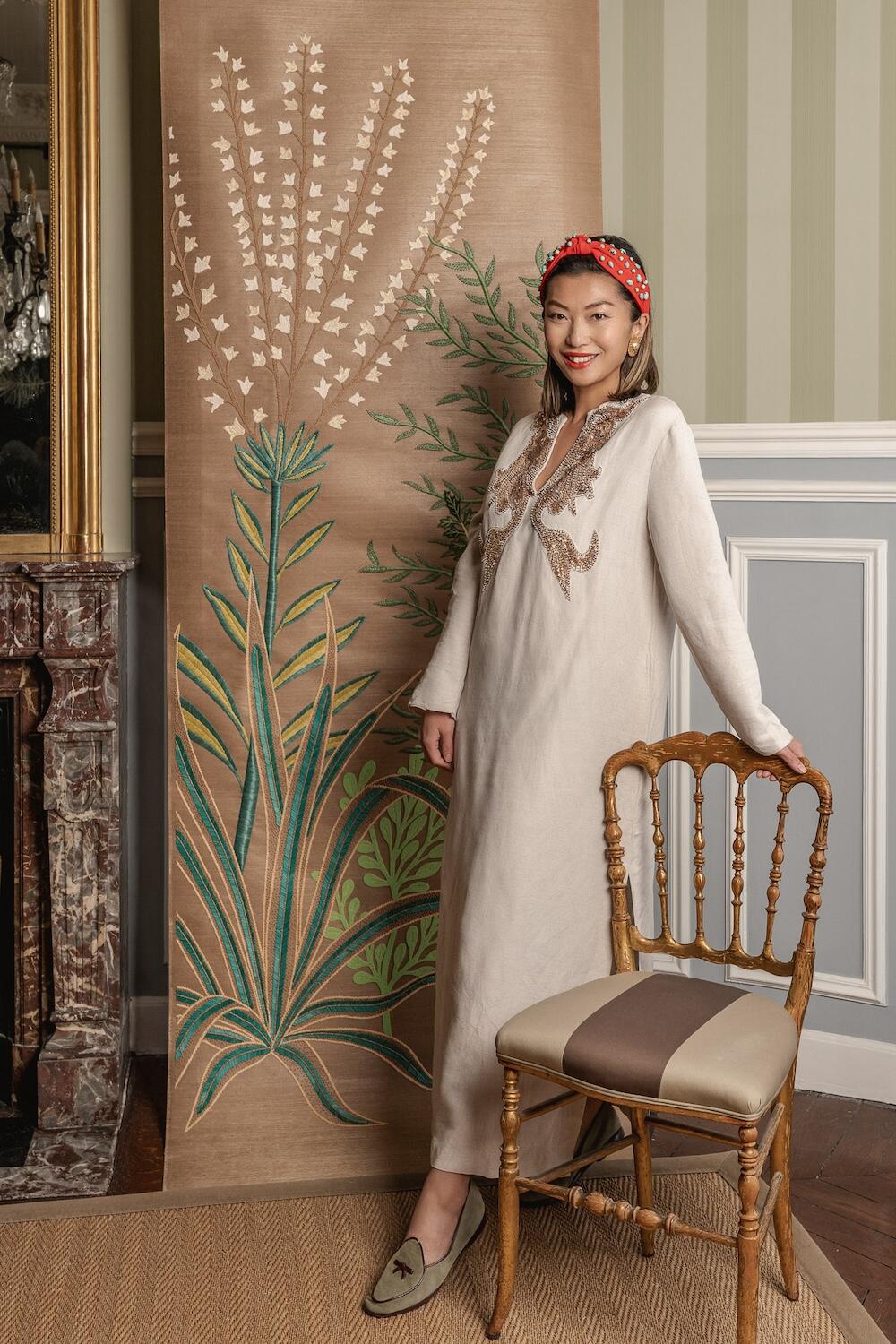 Laura Cheung Wolf with Lala Curio’s Feuillage wall mural 