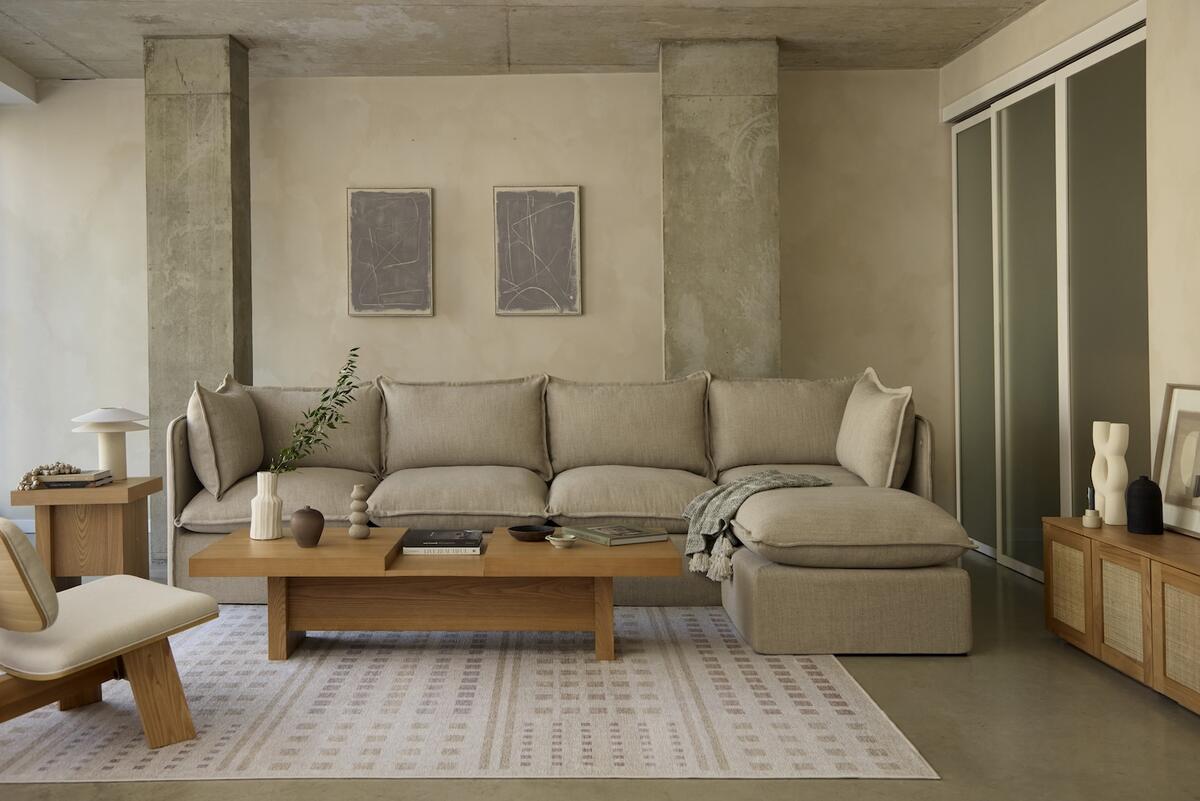 The Gaia three-seater sectional sofa in Flax Haven performance fabric by Cozey The Gaia three-seater sectional sofa in Flax Haven performance fabric by Cozey