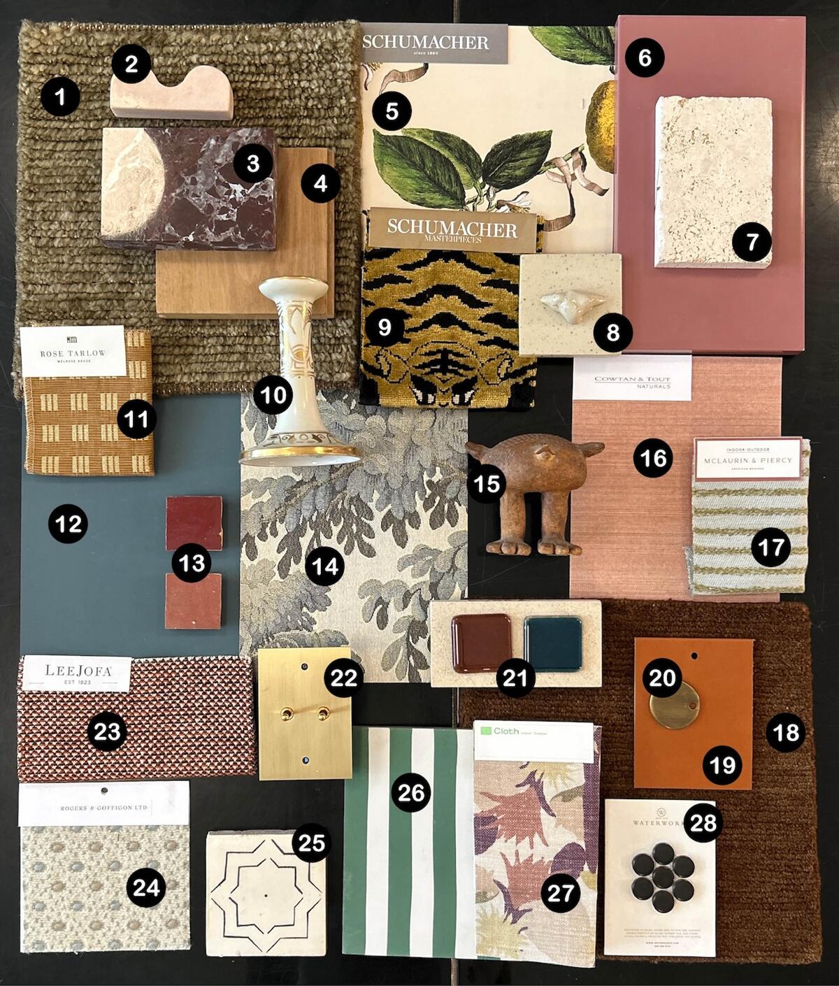 Tamara Kaye-Honey’s rose-tinged cluster of wine-red marble, coral grasscloth and sienna cashmere Tamara Kaye-Honey’s rose-tinged cluster of wine-red marble, coral grasscloth and sienna cashmere