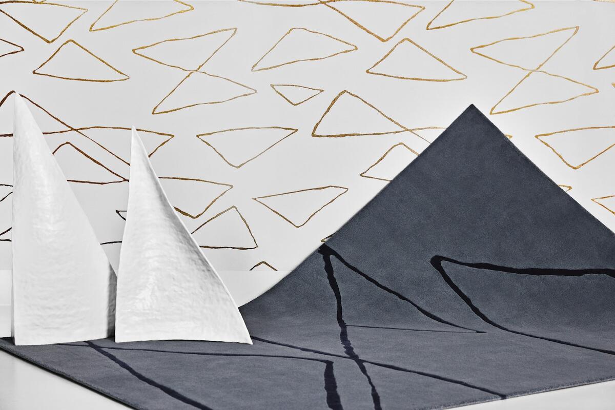 The Sky Sail rug in Bluestone and wallcovering in Gold Dust by Perennials The Sky Sail rug in Bluestone and wallcovering in Gold Dust by Perennials