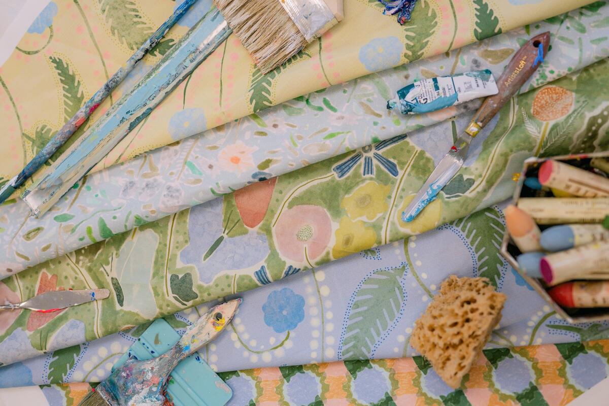 A selection of fabrics by Teil Duncan Henley, including Garden Party in Burnt Green (center) A selection of fabrics by Teil Duncan Henley, including Garden Party in Burnt Green (center)