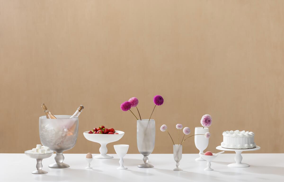 The Pedestal collection that includes cake stands, egg cups and champagne buckets