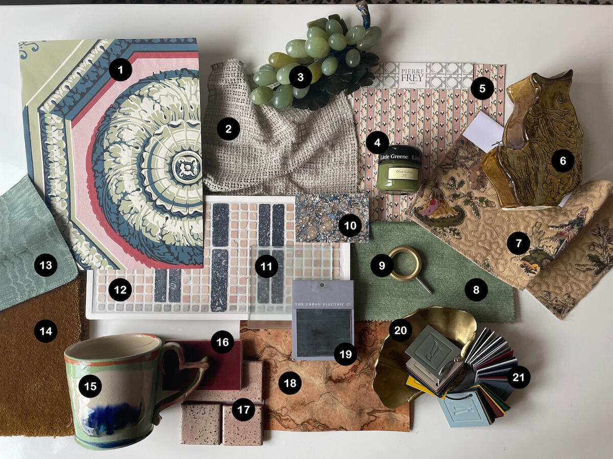 Heather Peterson’s retro-modern medley of pink mosaic tile, pastel wallpaper rosettes and funky jade grapes Heather Peterson’s retro-modern medley of pink mosaic tile, pastel wallpaper rosettes and funky jade grapes