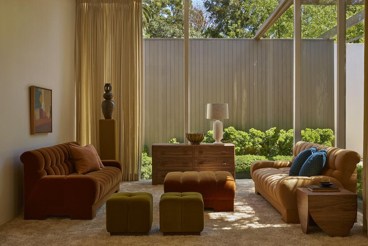 Selections from Lawson-Fenning’s collaboration with Josh Greene, including the Parma side table in wood and the Fairview sofa Selections from Lawson-Fenning’s collaboration with Josh Greene, including the Parma side table in wood and the Fairview sofa