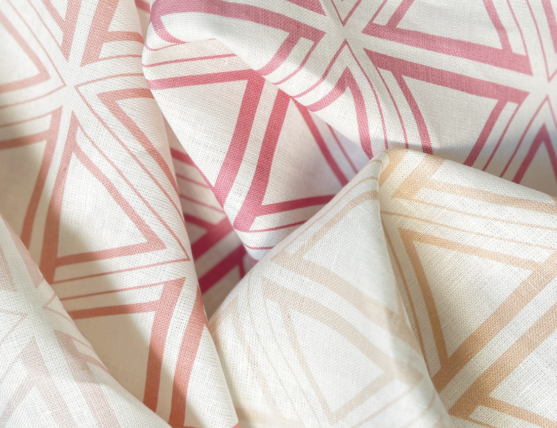 Côte ombre panels in Desert Rose (left), Rouge and Sandy Dune (bottom right) by Lolita Garcia Textiles 