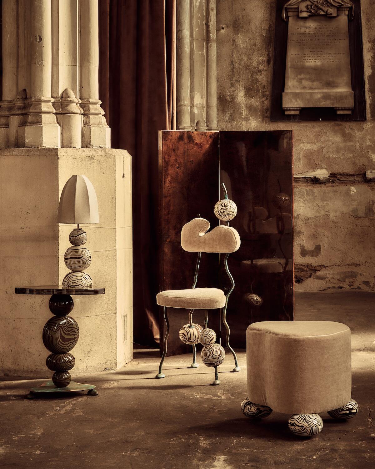 Selections from Henry Holland’s inaugural furniture collection, including the Cumulus chair and the Cirrus ottoman
