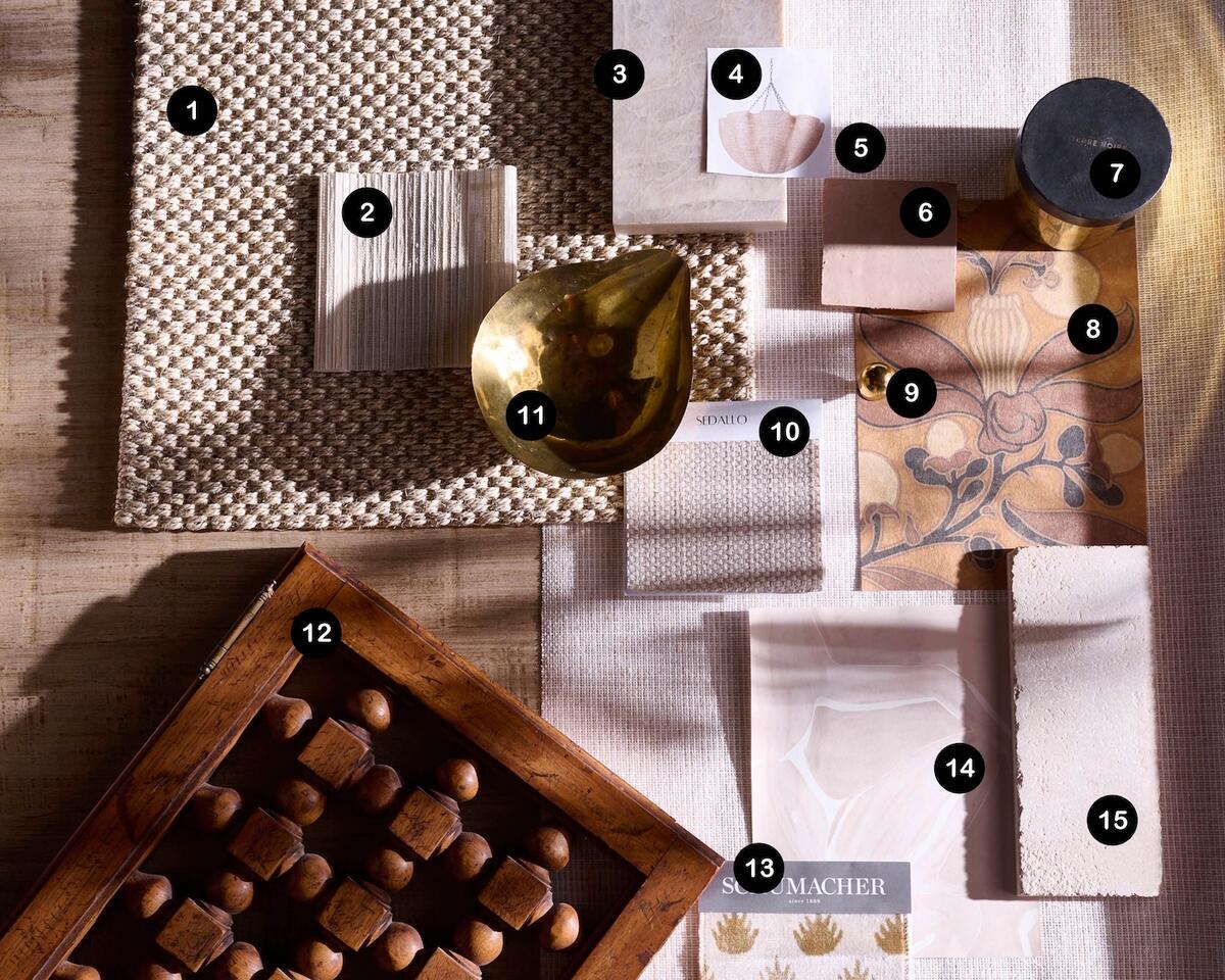 Gabriela Eisenhart’s golden-hour grouping of patinated brass, warm beige weaves and vintage carved wood