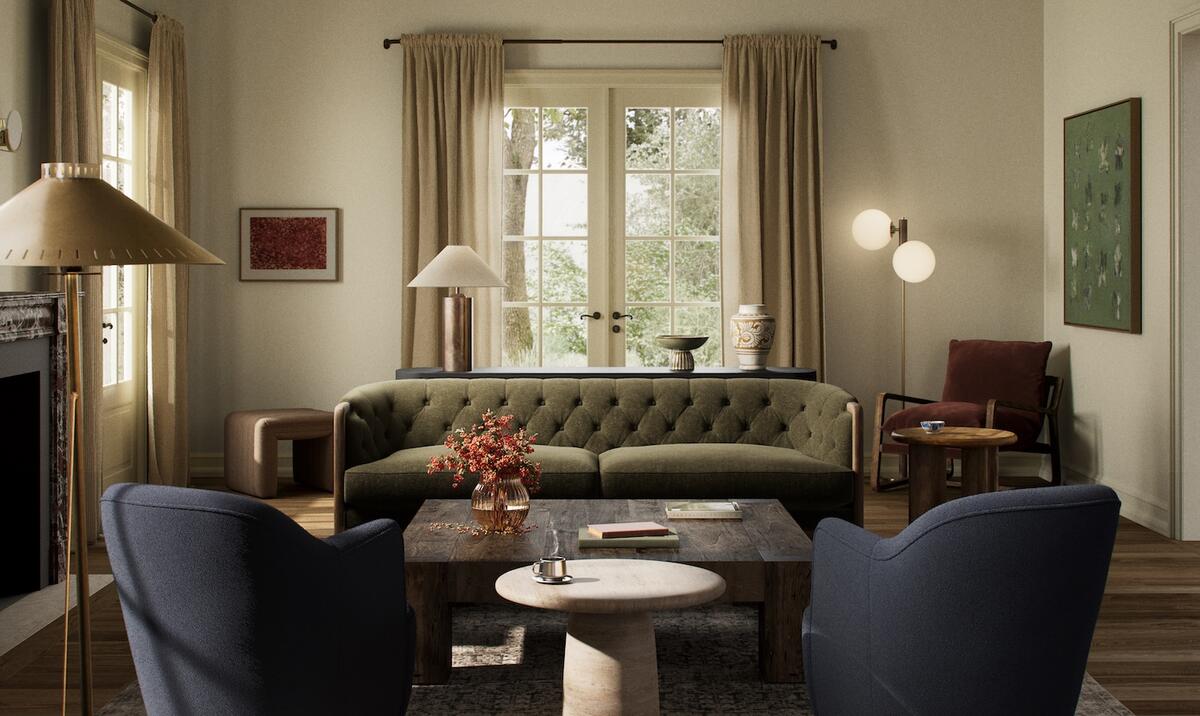 Selections from the Hospitality collection by Four Hands, including the Ellsworth sofa in Sutton Olive