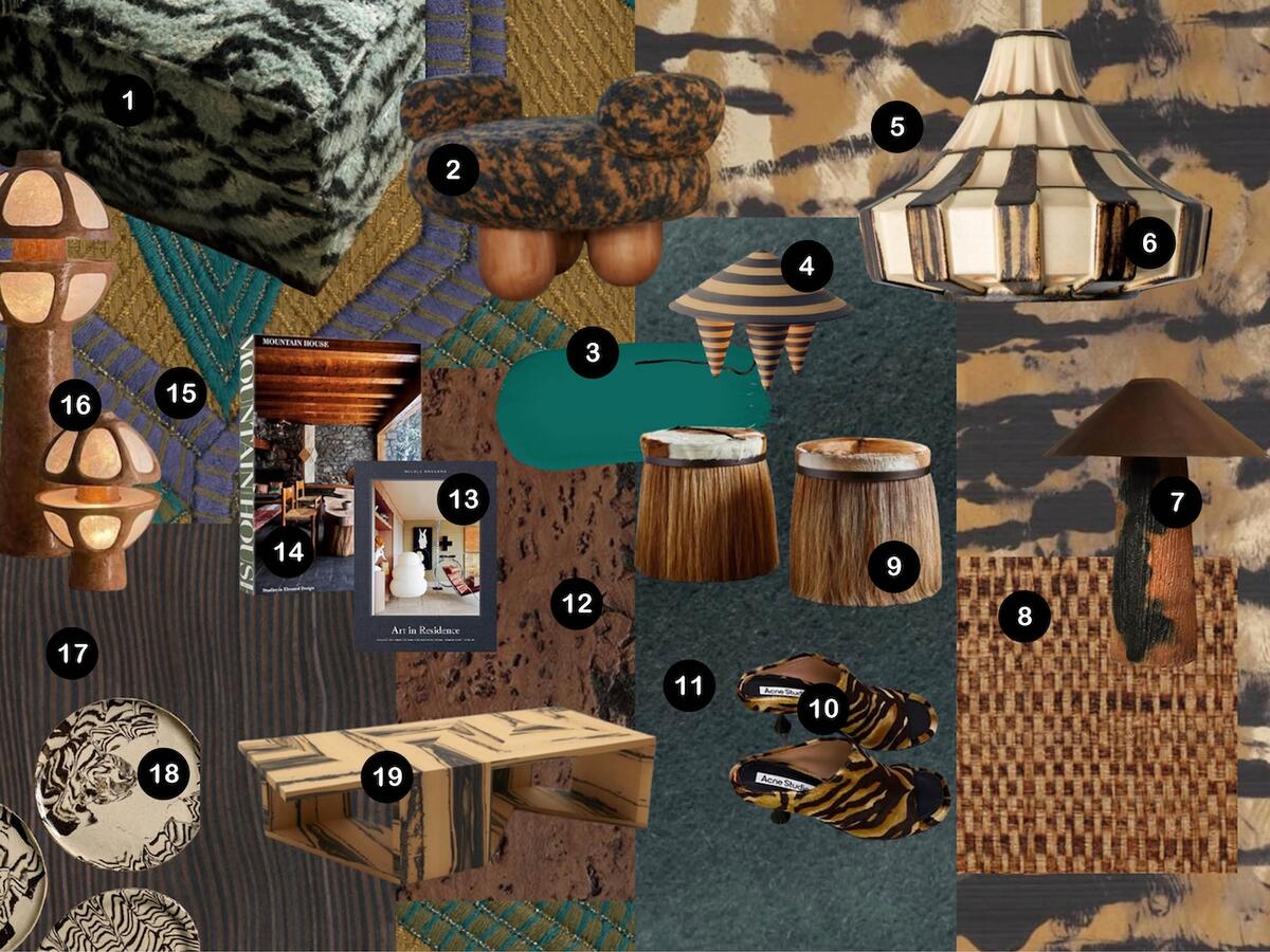 Simone Haag’s artful assemblage of horsehair-trimmed stools, tiger-striped wallcoverings and peacock blue paint