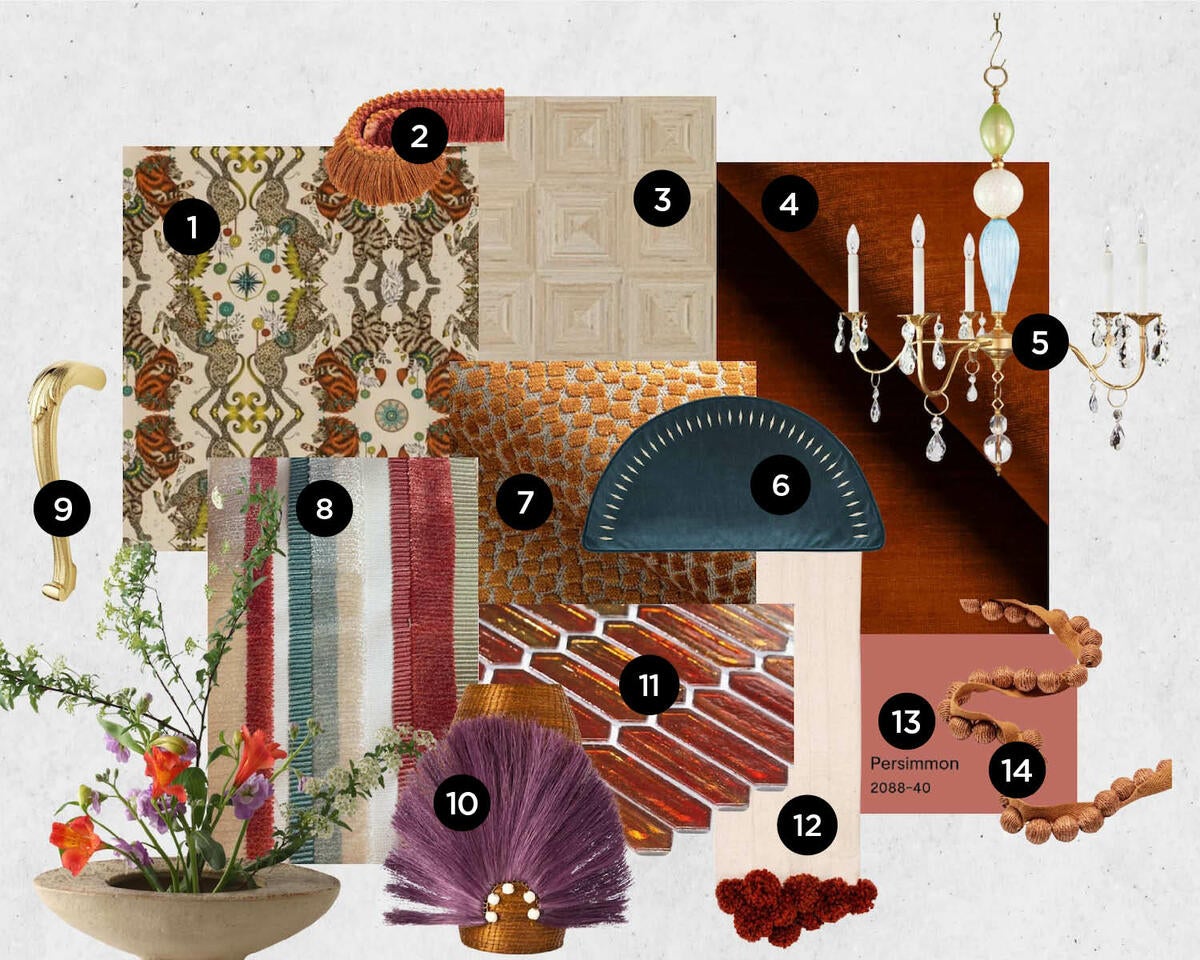 Hayward Design House’s color-rich mix of mottled velvet, jute ball cord and recycled glass