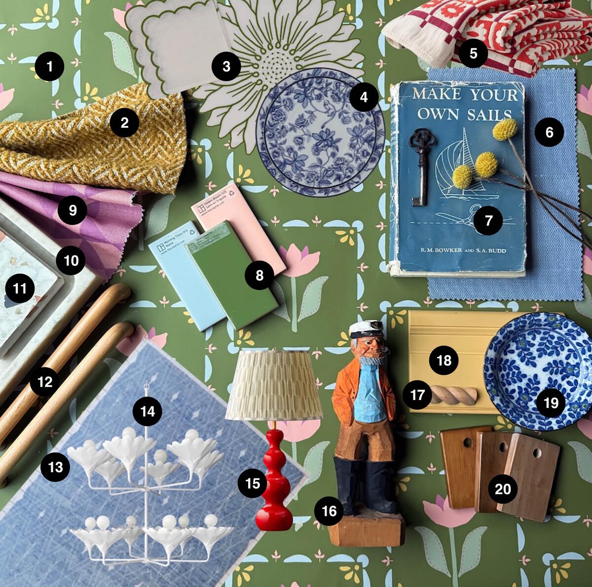 Gray Benko and Chelcie Eastman’s cheerful collage of cottagecore wallpaper, petaled place mats and indigo plates