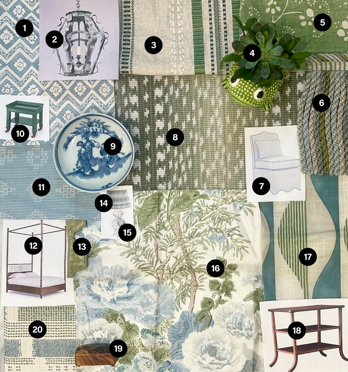 Liz Williams’s soothing mélange of marbleized ceramic, striped embroidery and century-old chintz