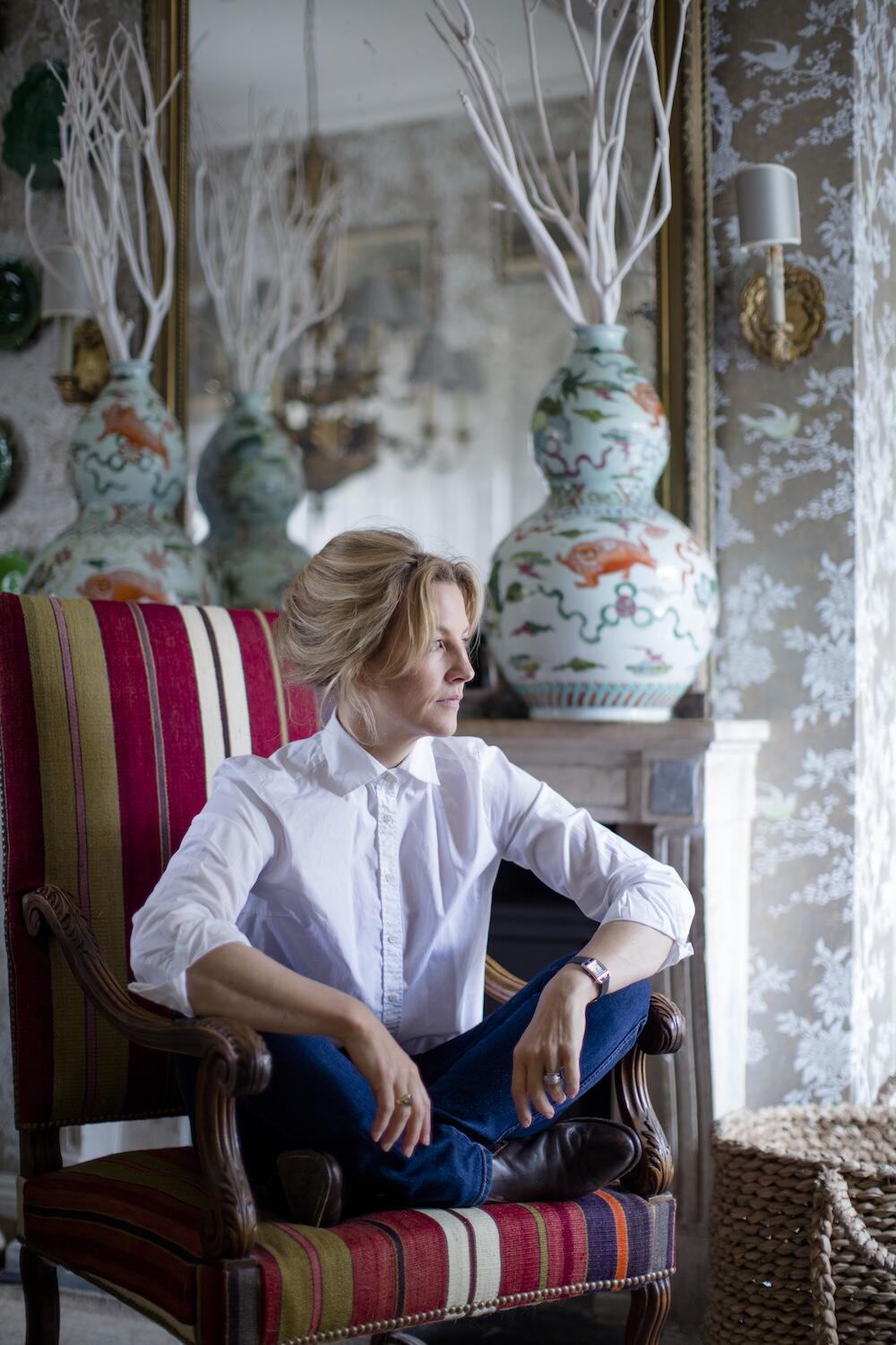 Henriette von Stockhausen’s antiques-charged blend of pleated lampshades, striped upholstery and marbled paper