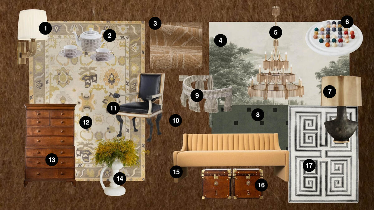 Nicole Roby’s lounge-worthy blend of antique oak, hand-knotted wool and fringed brass