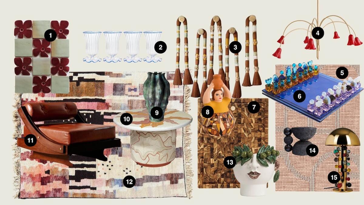 Lidia Valdivia’s ‘endorphin decor’–charged collage of hand-painted tables, bejeweled lamps and flower-shaped tile